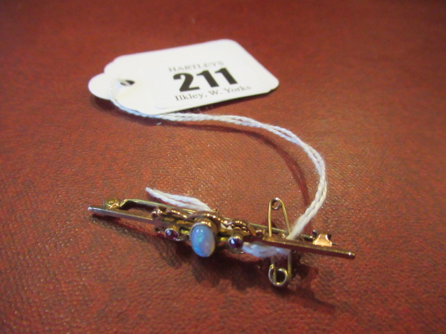 EDWARDIAN OPAL AND RUBY SET 9CT GOLD BAR BROOCH Image