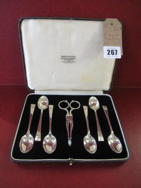 CASED SET OF SIX SILVER TEASPOONS AND TONGS Image