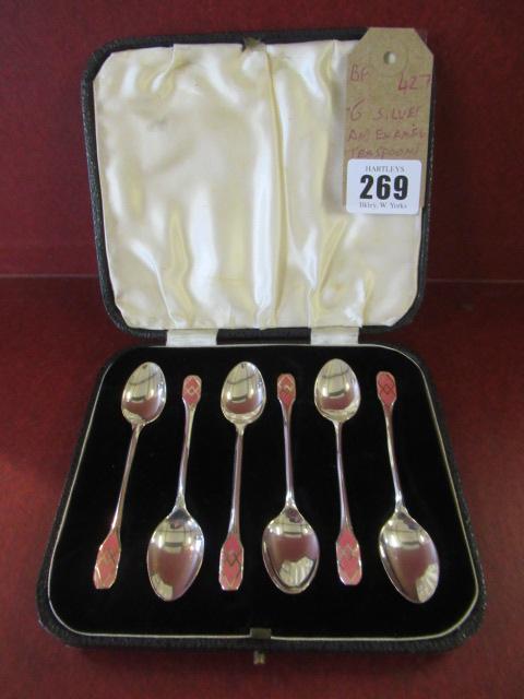CASED SET OF SIX SILVER AND ENAMEL TEASPOONS Image