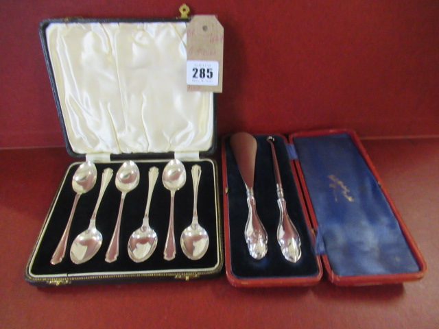 SIX SILVER TEASPOONS WITH SHOE HORN AND BUTTON HOOK Image