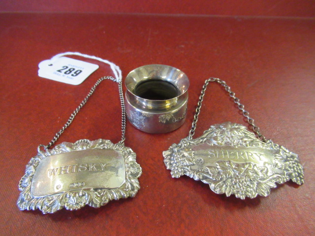SILVER NAPKIN RING AND SILVER WHISKY AND SHERRY DECANTER LABELS Image