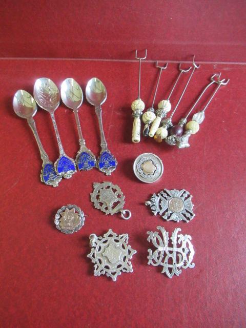 SIX SILVER FOB MEDALLIONS AND GOLF SPOONS AND FORKS Image