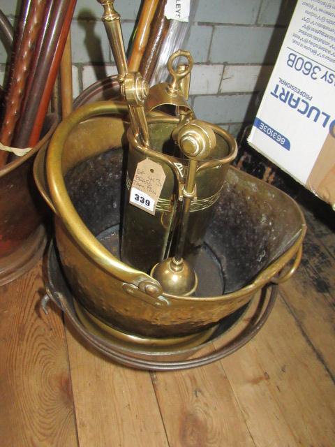 BRASS JAM PAN, COAL BUCKET AND COMPANION SET Image