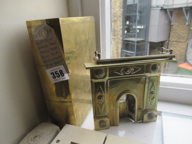 ANTIQUE BRASS BOOK STYLE SAFE BOX AND MINIATURE FIREPLACE Image