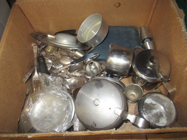BOX OF CUTLERY AND STEEL TEAWARE Image