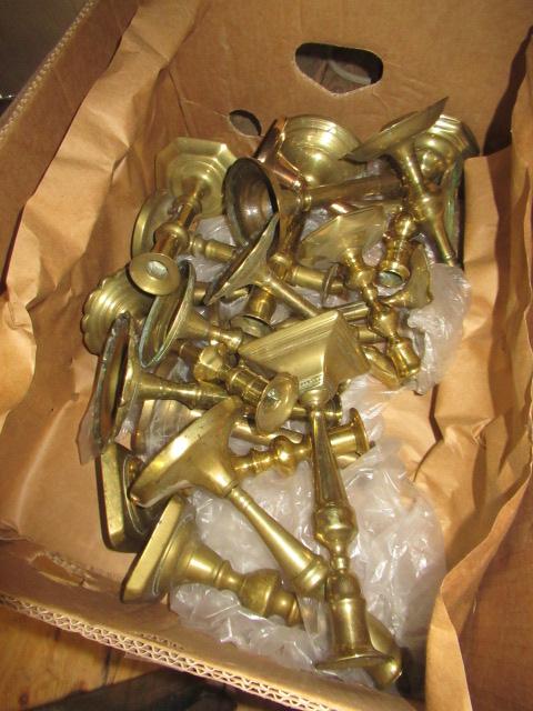 BOX OF ANTIQUE BRASS CANDLESTICKS Image