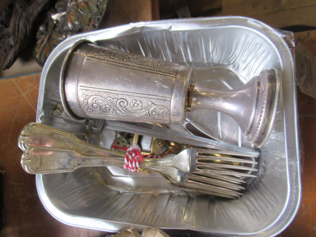 WHITE METAL VASE WITH FORKS ETC Image