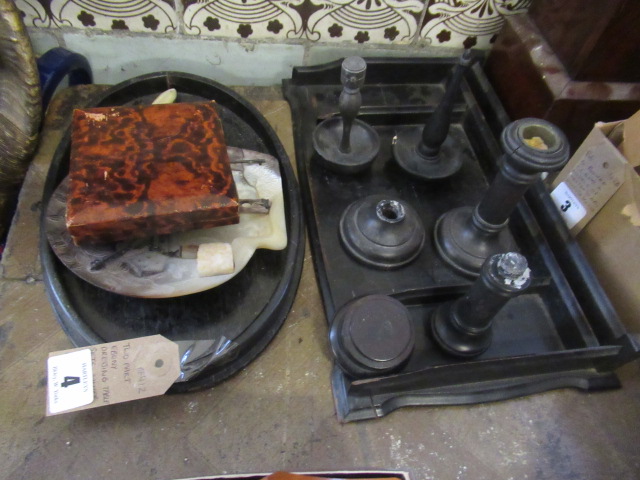 TWO PART EBONY DRESSING TABLE SET WITH SILVER FRUIT KNIFE ETC Image