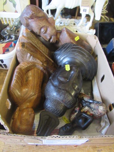 FOUR CARVED WOOD BUDDHA/AFRICAN FIGURES AND HEADS Image