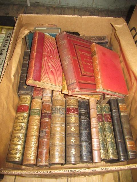 BOX OF ANTIQUARIAN LEATHER BOUND AND OTHER BOOKS Image