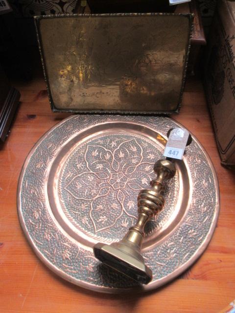 CIRCULAR COPPER TRAY WITH ETCHED BRASS JAPANESE TRAY AND CANDLESTICK Image
