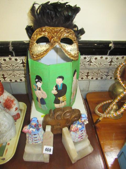 CARVED CHERUB HEAD, SILK CHINESE BIN AND CRINOLINE LADY BOOKENDS Image