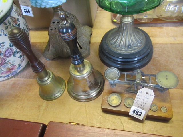ANTIQUE SCALES AND WEIGHTS AND TWO HAND BELLS Image