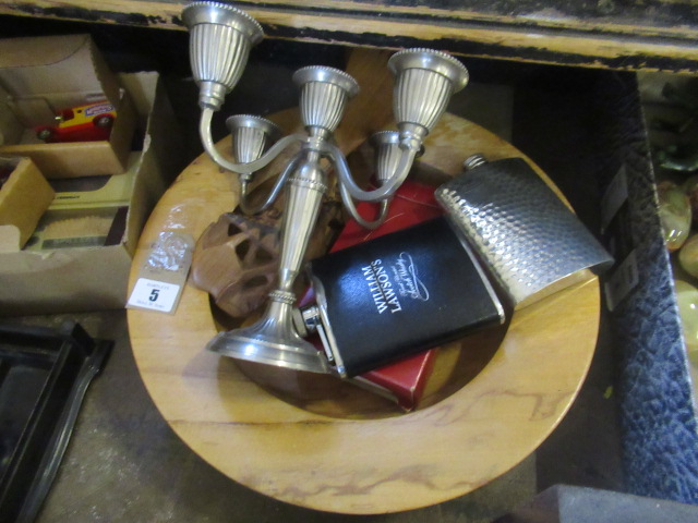 WOODEN BOWL WITH CANDELABRUM AND HIP FLASKS ETC Image
