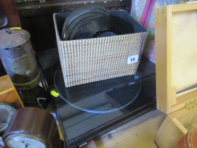 SMALL BOX OF 45RPM RECORDS AND A RECORD PLAYER Image