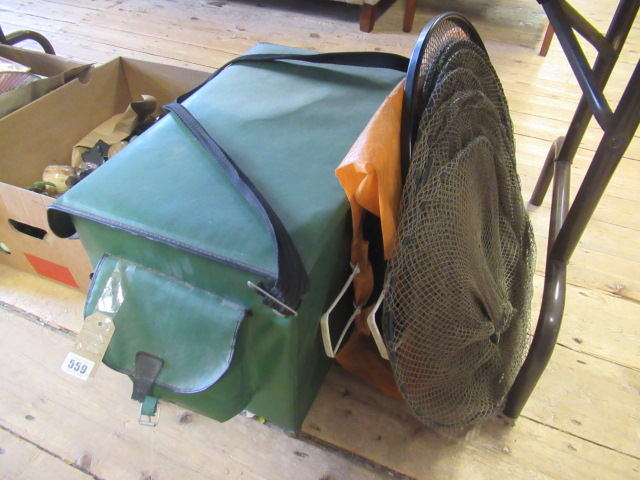 WATERPROOF BOX OF FISHING GEAR INCLUDING THREE REELS AND TWO NETS Image