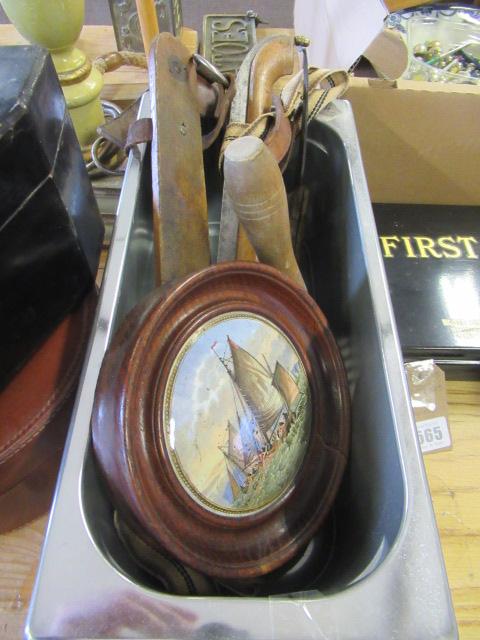 PRATTWARE POT LID, RUSTIC ICE SKATES AND GARDEN TOOLS Image