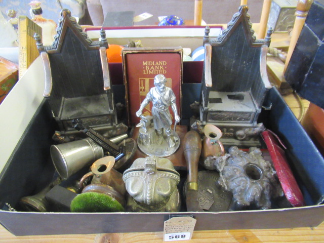 BOX OF COLLECTABLE METALWARE INCLUDING MONEY BANKS AND RECORD CLEANERS ETC Image