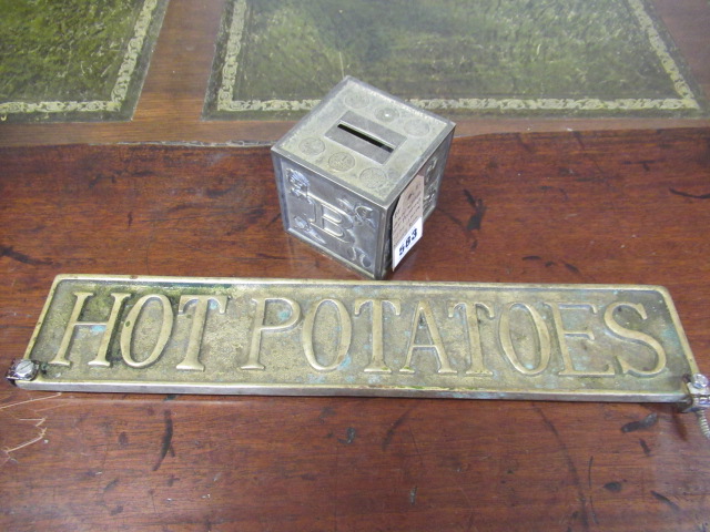 HEAVY BRASS HOT POTATOES SIGN AND METAL MONEY BOX Image