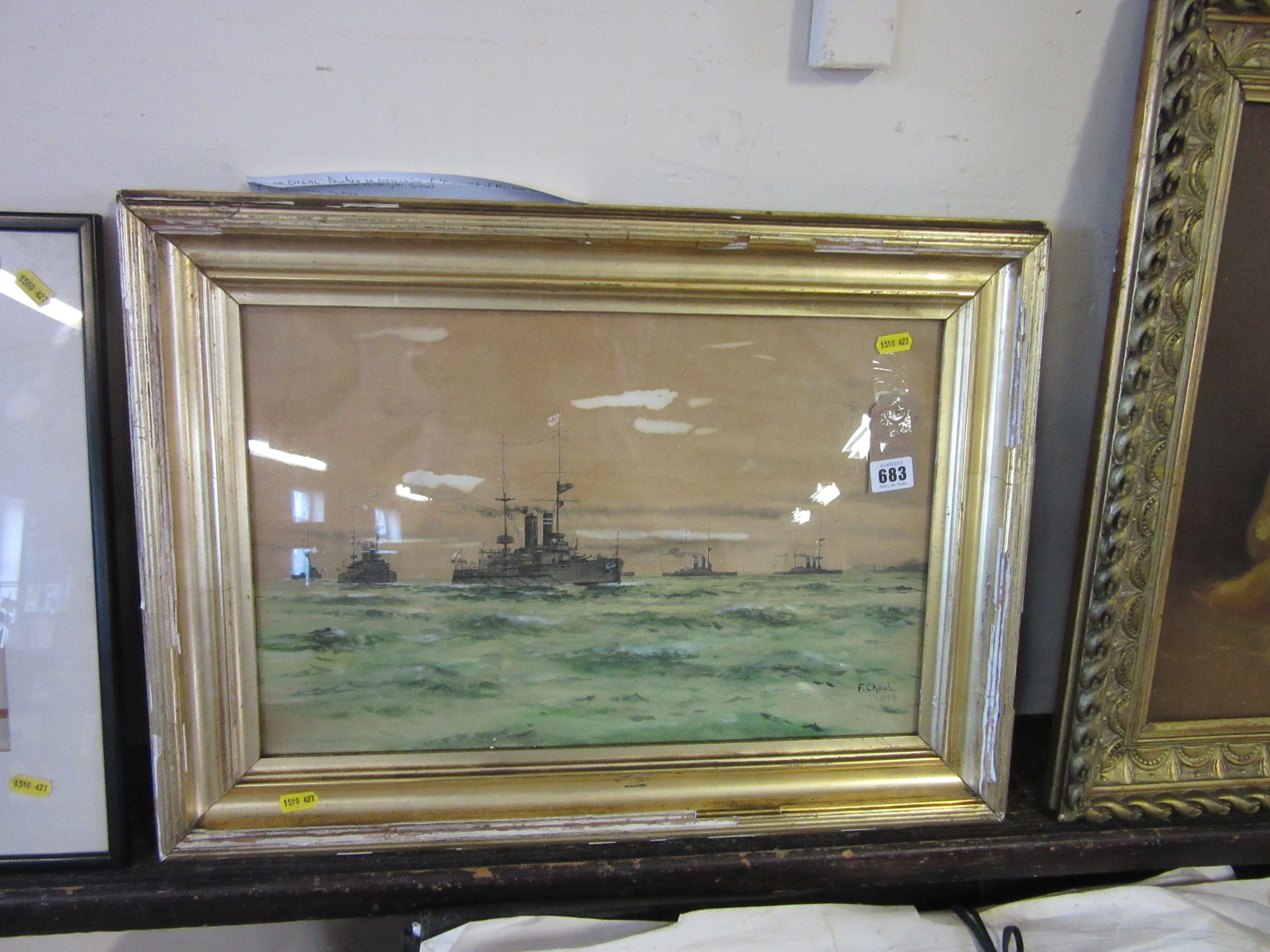 F CHEAL, RN BATTLESHIPS, WATERCOLOUR, SIGNED AND DATED 1914 Image