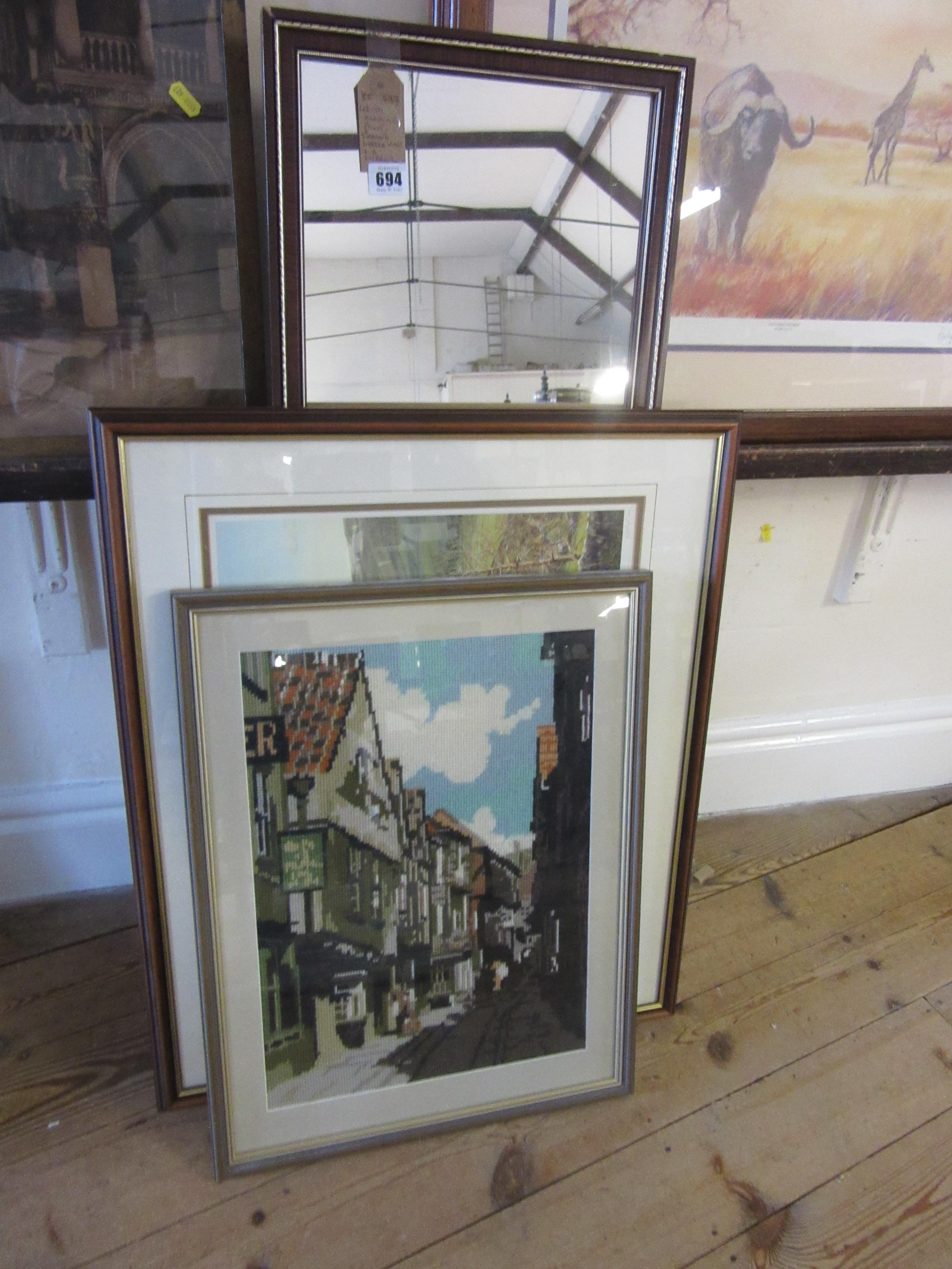 KEITH MELLING PRINT WITH FRAMED NEEDLEWORK PICTURE AND A MIRROR Image
