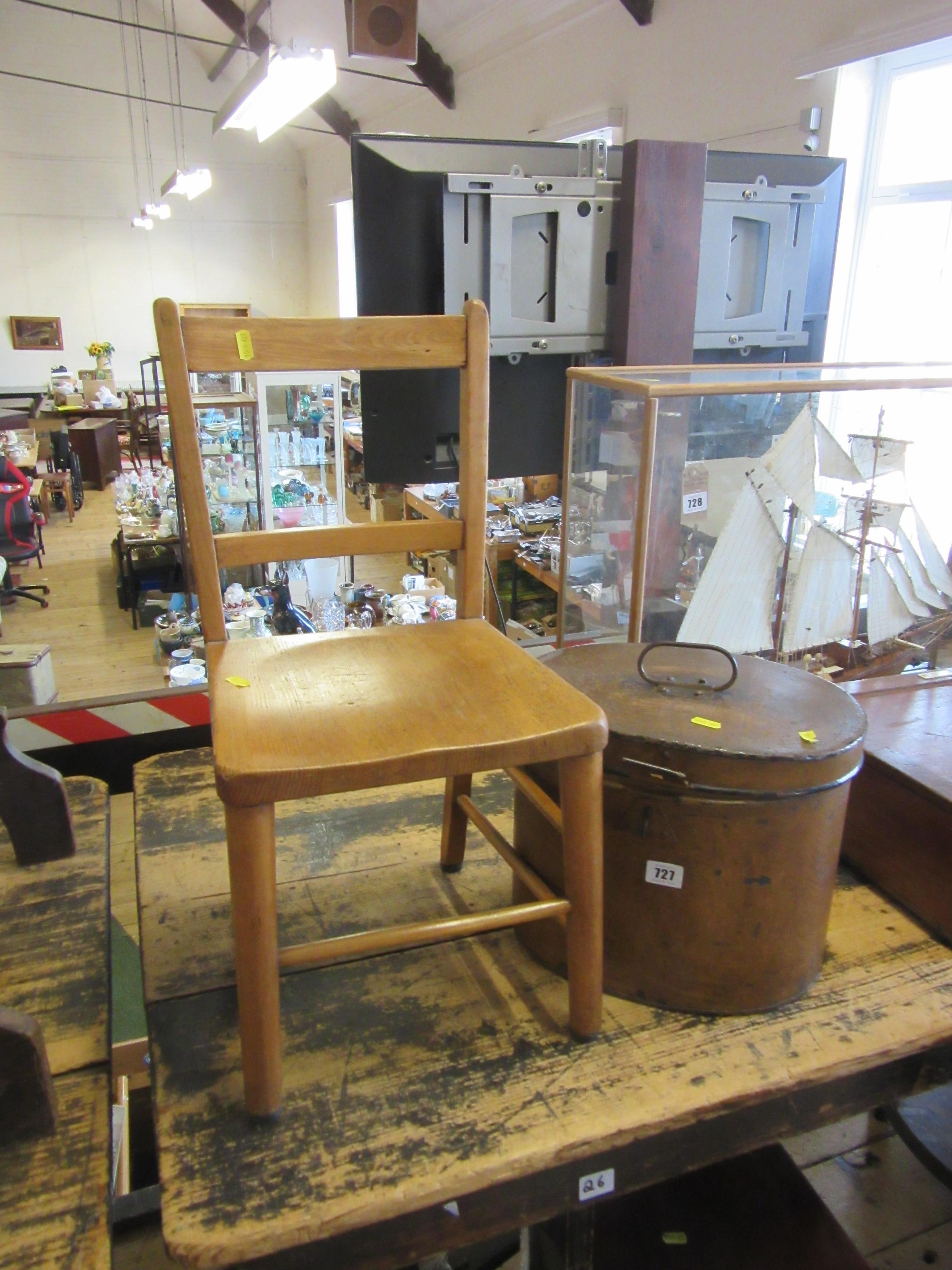 METAL HAT BOX AND A CHILD'S CHAIR Image