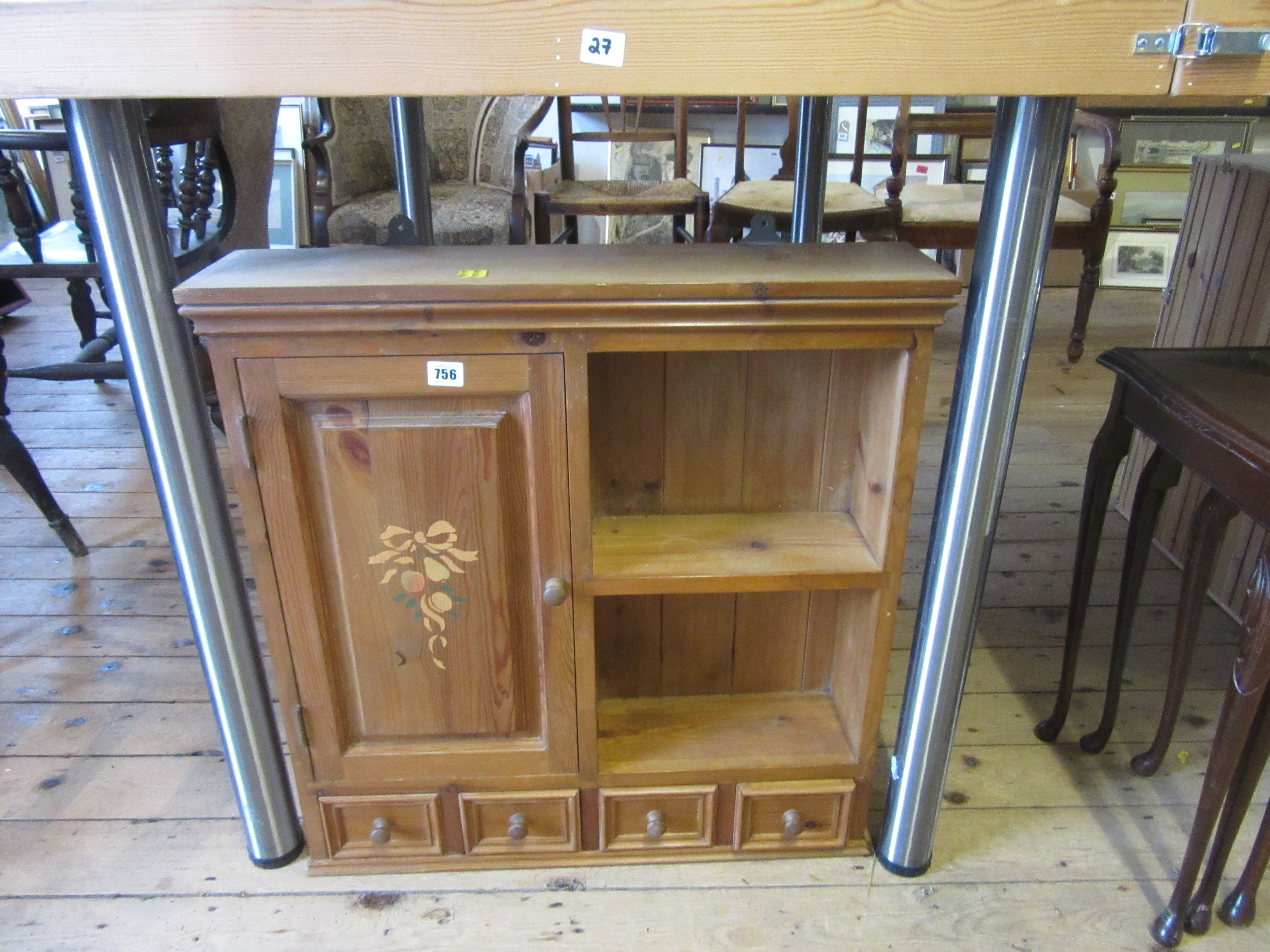 PINE WALL MOUNTED CUPBOARD WITH PAINTED MOTIF Image