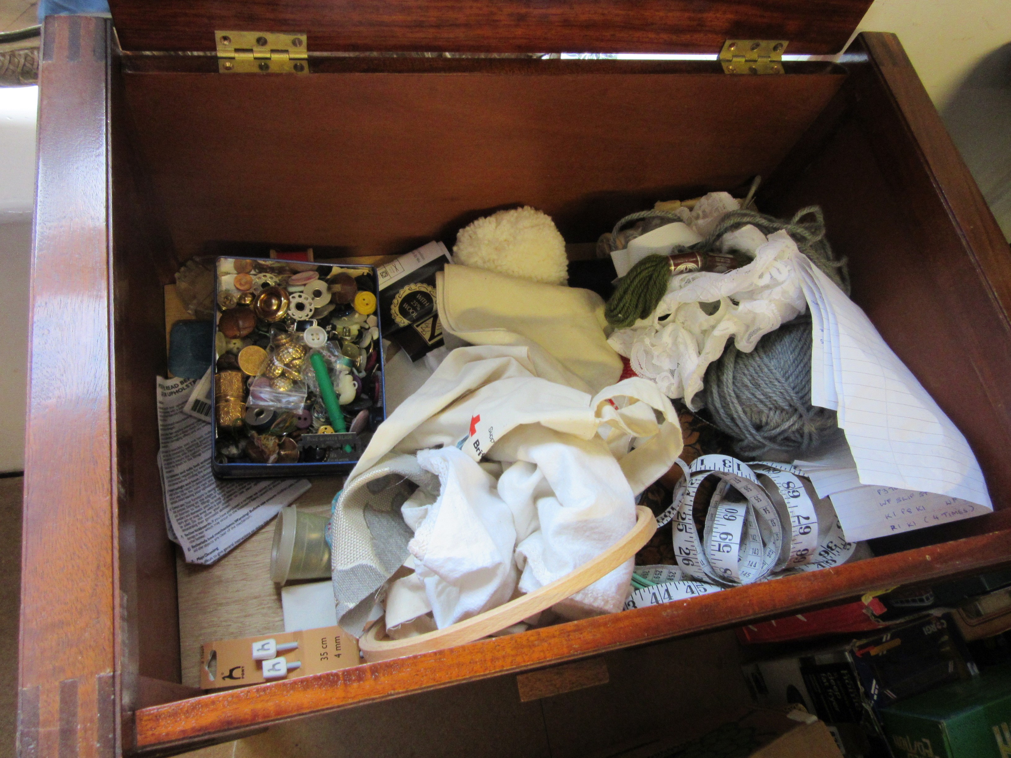 WOODEN SEWING BOX AND CONTENTS Image