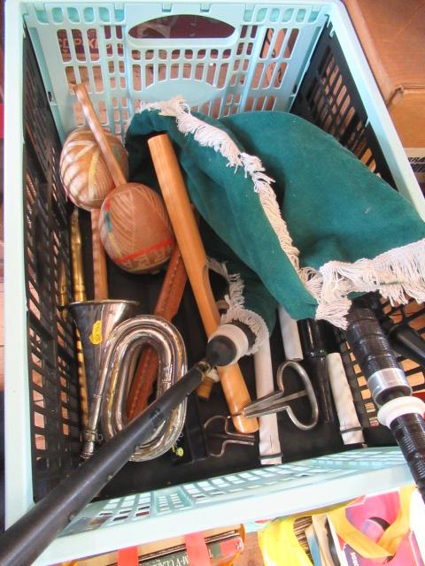 CRATE OF MISCELLANEOUS MUSICAL INSTRUMENTS INCLUDING BAGPIPES Image