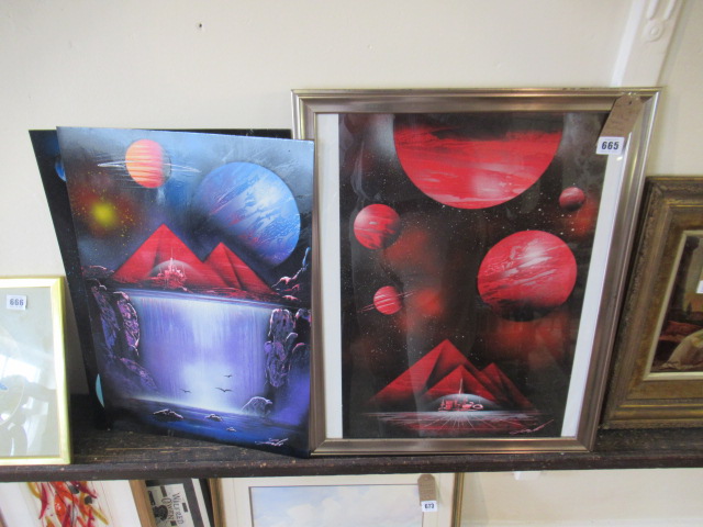 THREE SPACE THEMED PAINTINGS SIGNED Image