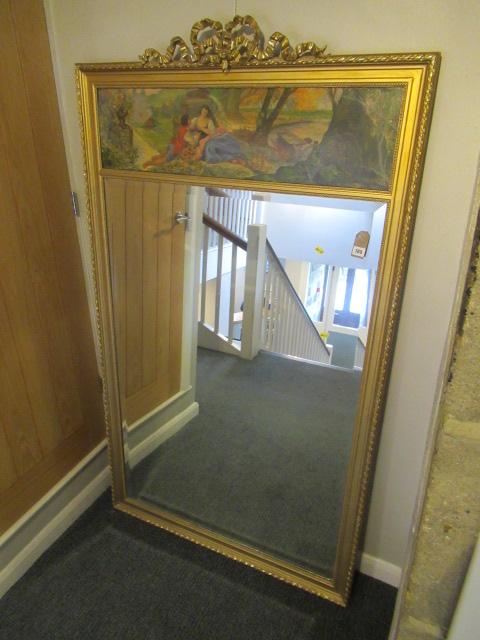 LARGE GILT FRAMED FRENCH MIRROR WITH OIL FIGURE SCENE Image