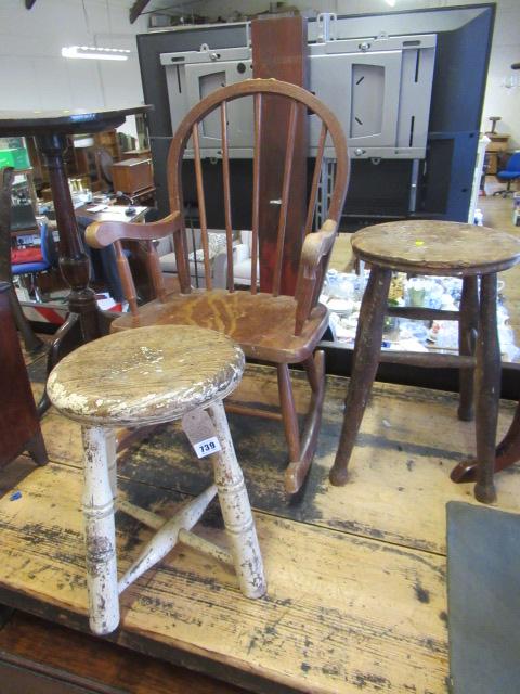 CHILDS ROCKING CHAIR AND TWO VINTAGE STOOLS Image