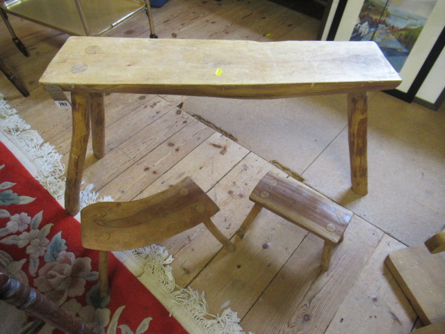 THREE LEGGED STOOL AND TWO SMALL APPLEWOOD STOOLS Image