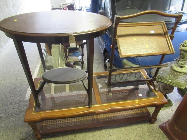 GLASS TOPPED COFFEE TABLE OVAL OCCASIONAL COFFEE TABLE AND A FOLDING STAND Image