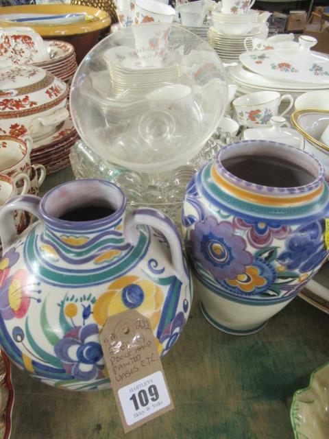 TWO EARLY POOLE HANDPAINTED VASES AND GLASSWARE Image