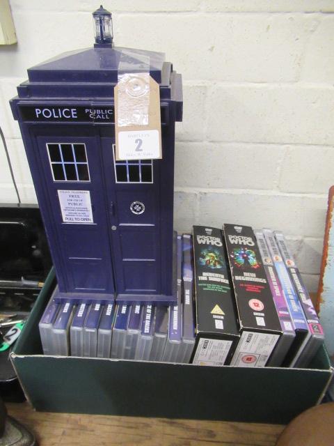 BOX OF CLASSIC DOCTOR WHO DVDS AND TOY TARDIS Image