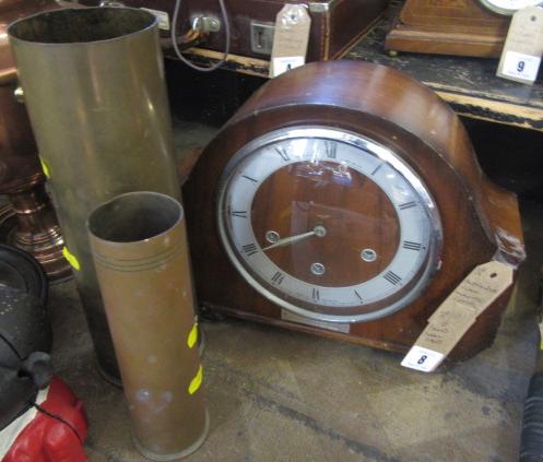 ALEXANDER CLARKE MANTEL CLOCK AND TWO BRASS SHELL CASES Image