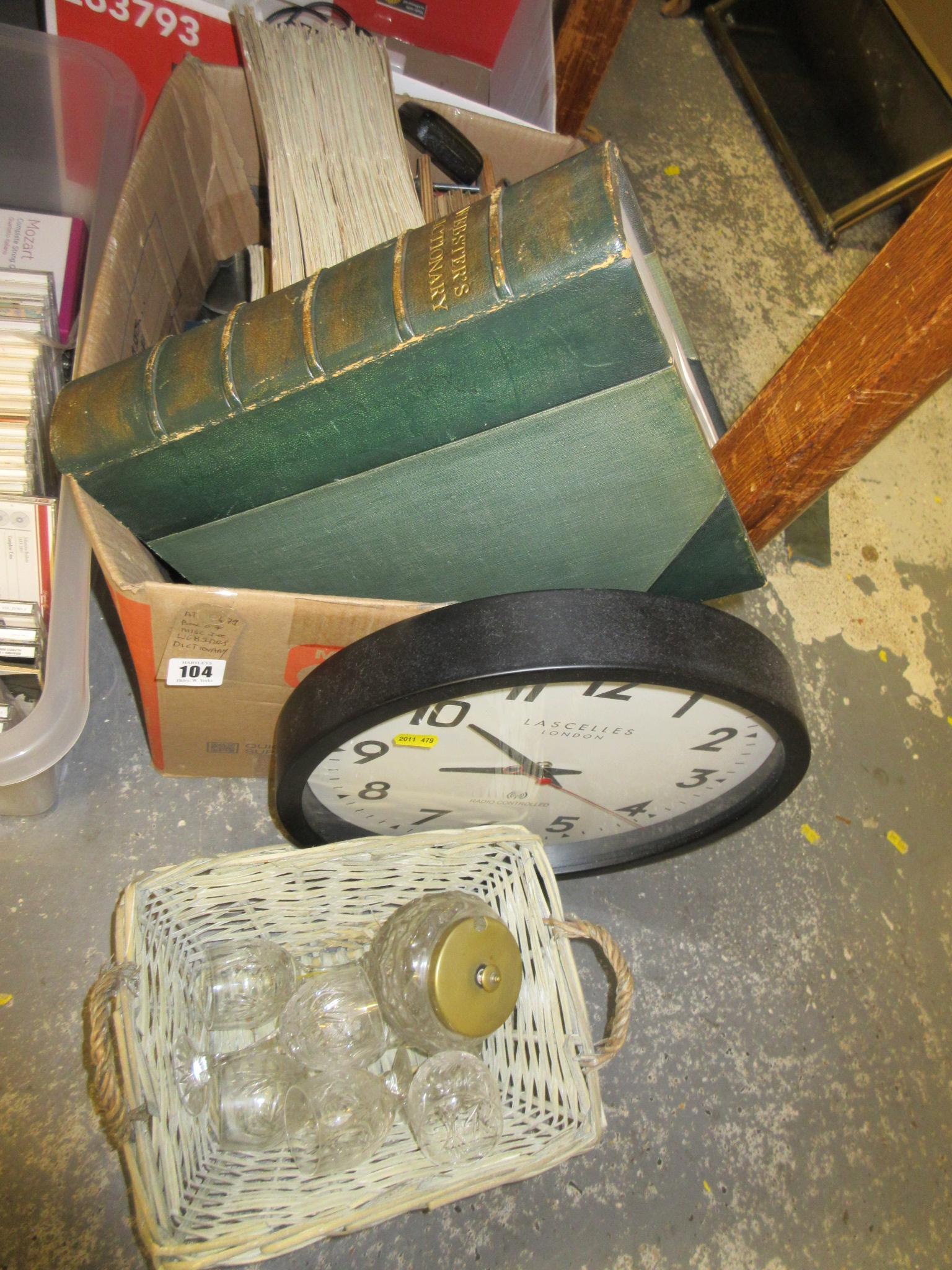 BOX OF MISCELLANEOUS INCLUDING LEATHER BOUND WEBSTERS DICTIONARY Image