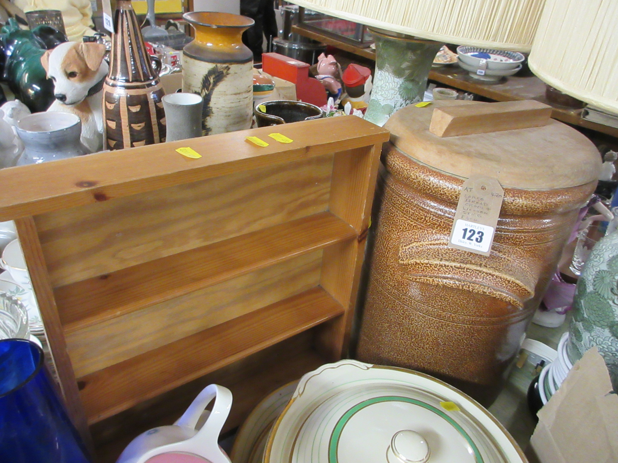 LARGE BREAD CROCK AND WOODEN SPICE RACK Image