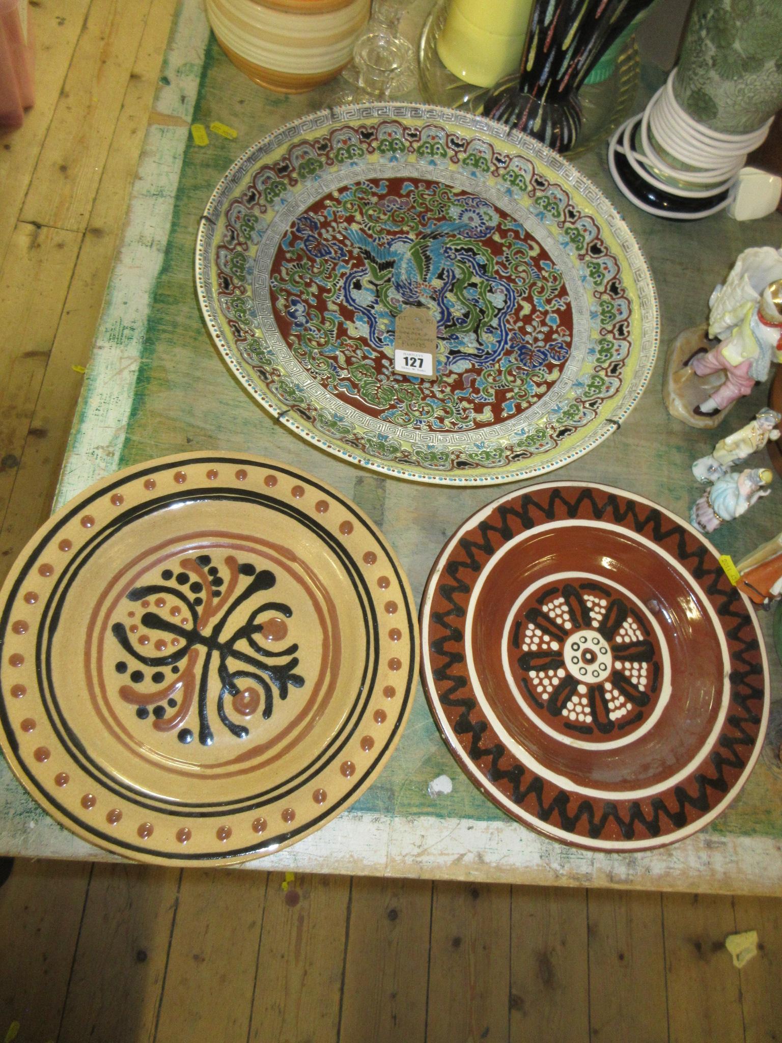 CHINESE CHARGER AND TWO SLIPWARE PLATES Image