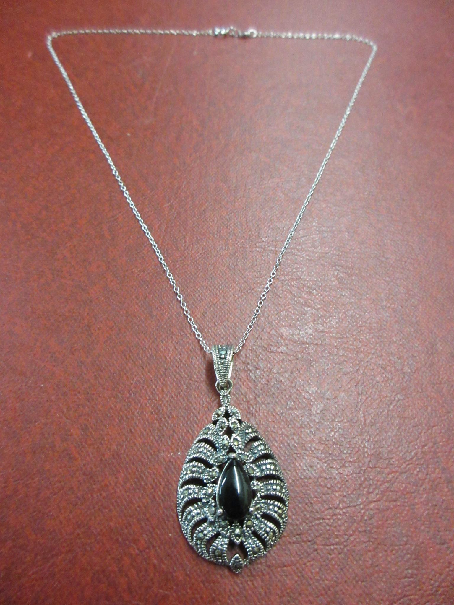 JET AND MARCASITE SILVER PENDANT ON A SILVER CHAIN Image