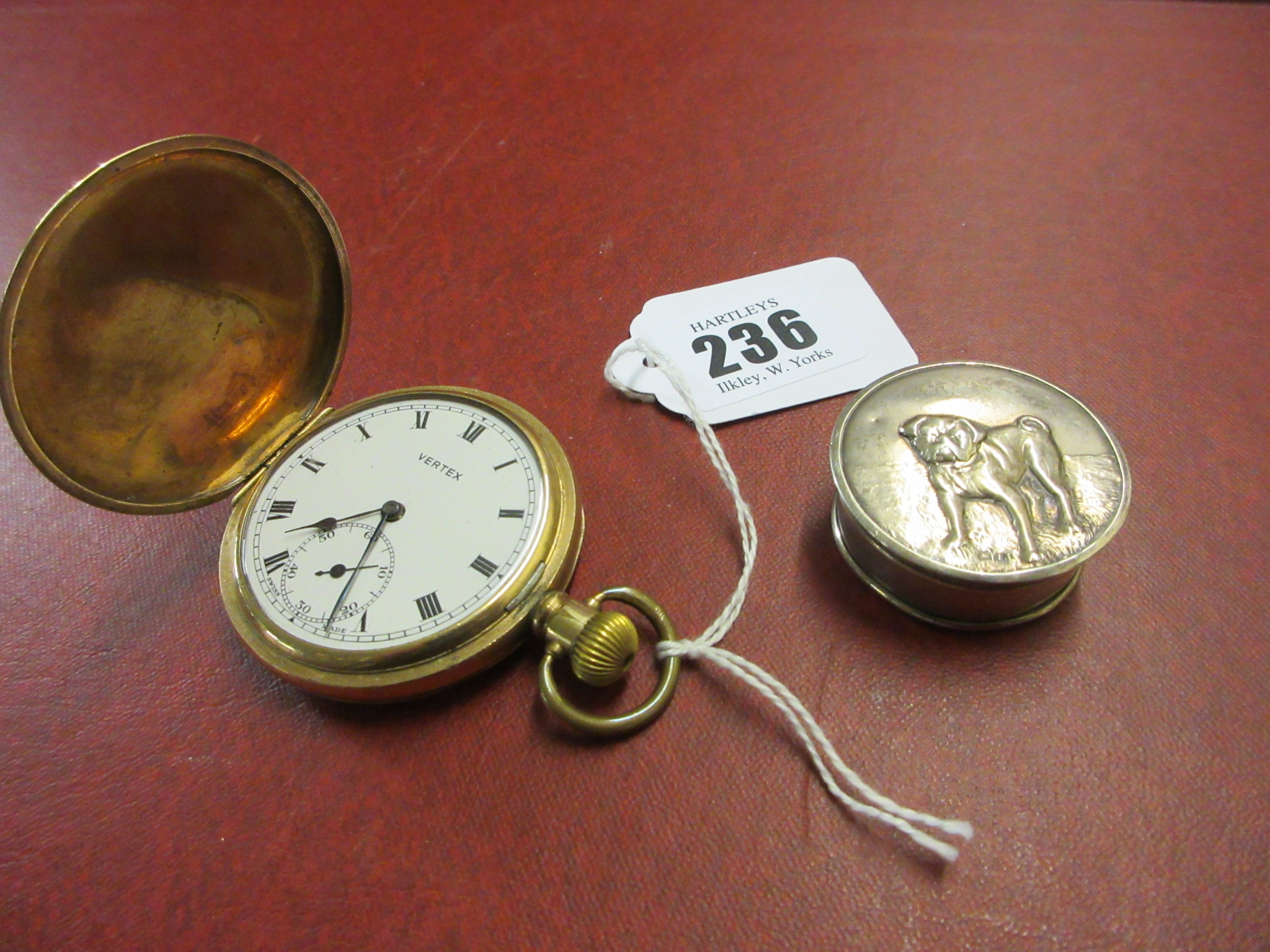 ANTIQUE SILVER PUG DOG PILLBOX AND A POCKET WATCH Image