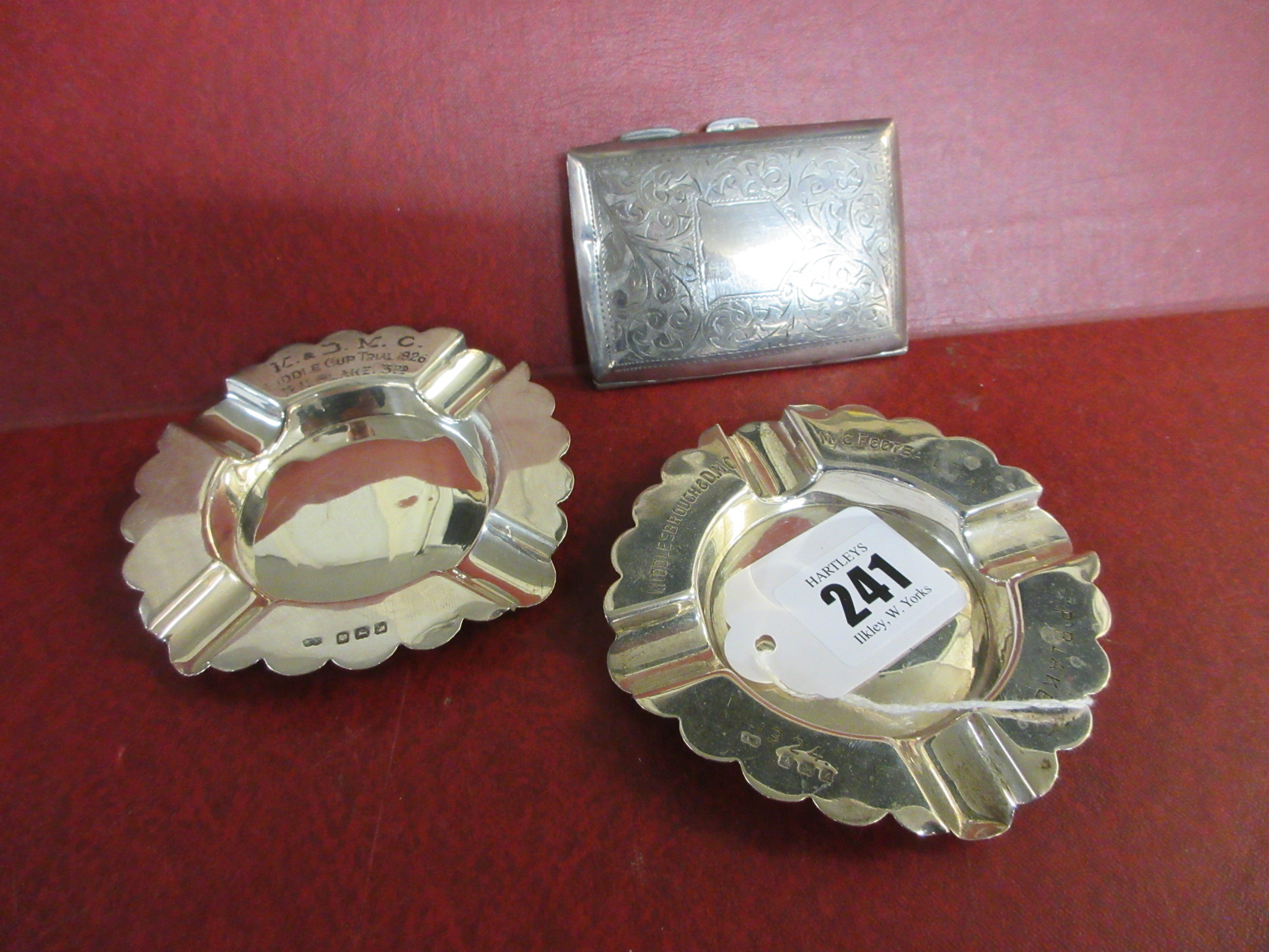 SILVER CIGARETTE CASE AND TWO SILVER ASHTRAYS Image