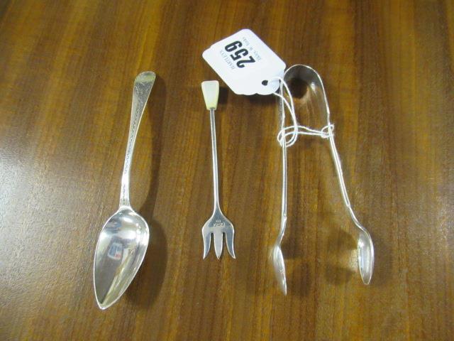 SILVER SPOONS, SUGAR TONGS AND FORK Image