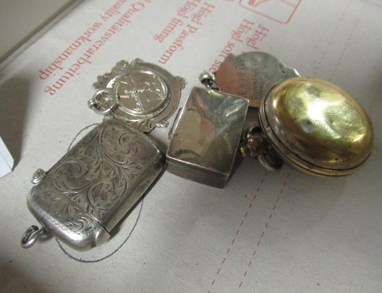 SILVER VESTA, FOOTBALL FOB, BRASS SOVEREIGN CASE AND A SILVER BOX Image