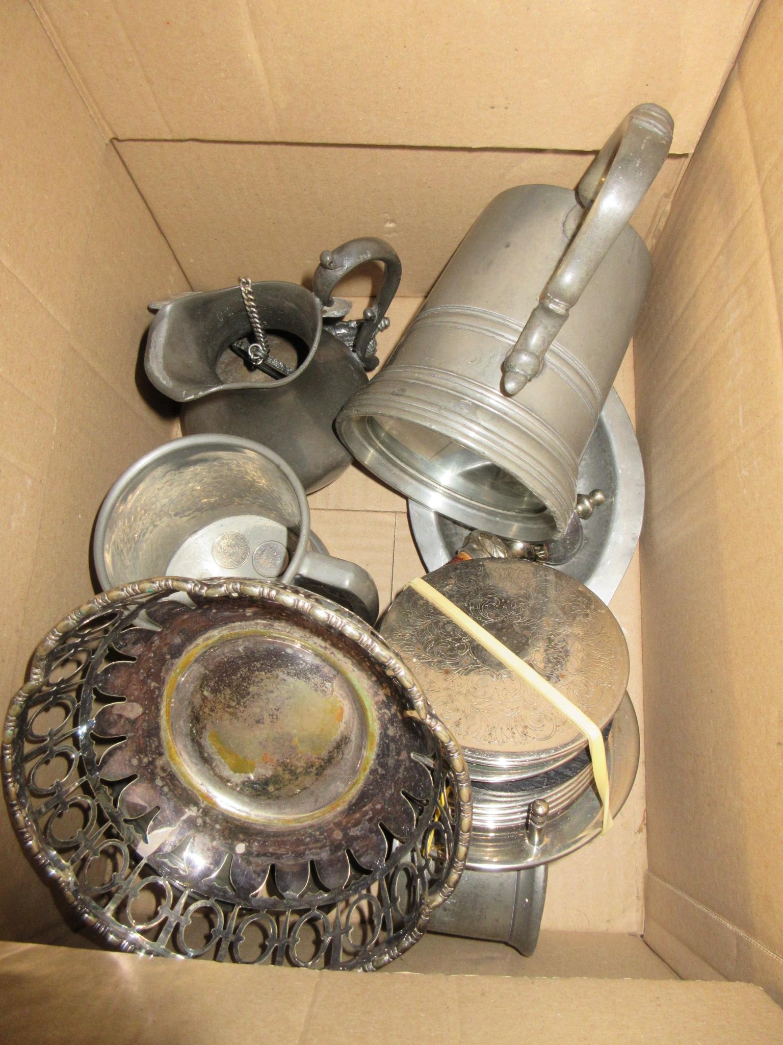 BOX OF PEWTER AND OTHER METALWARE Image