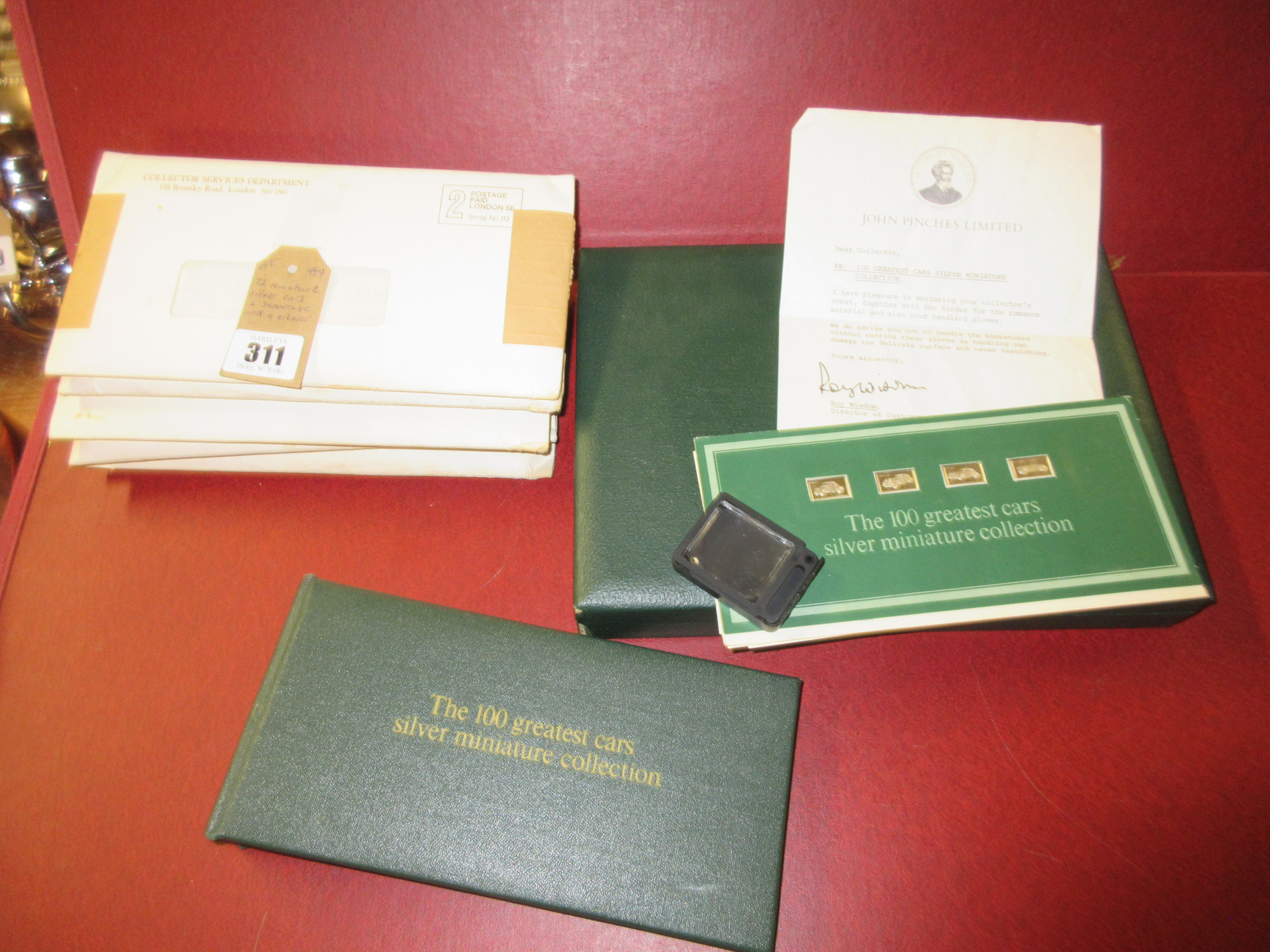 SEVENTY TWO JOHN PINCHES MINIATURE SILVER CAR PLAQUES WITH SHOWCASE AND A VIEWER Image