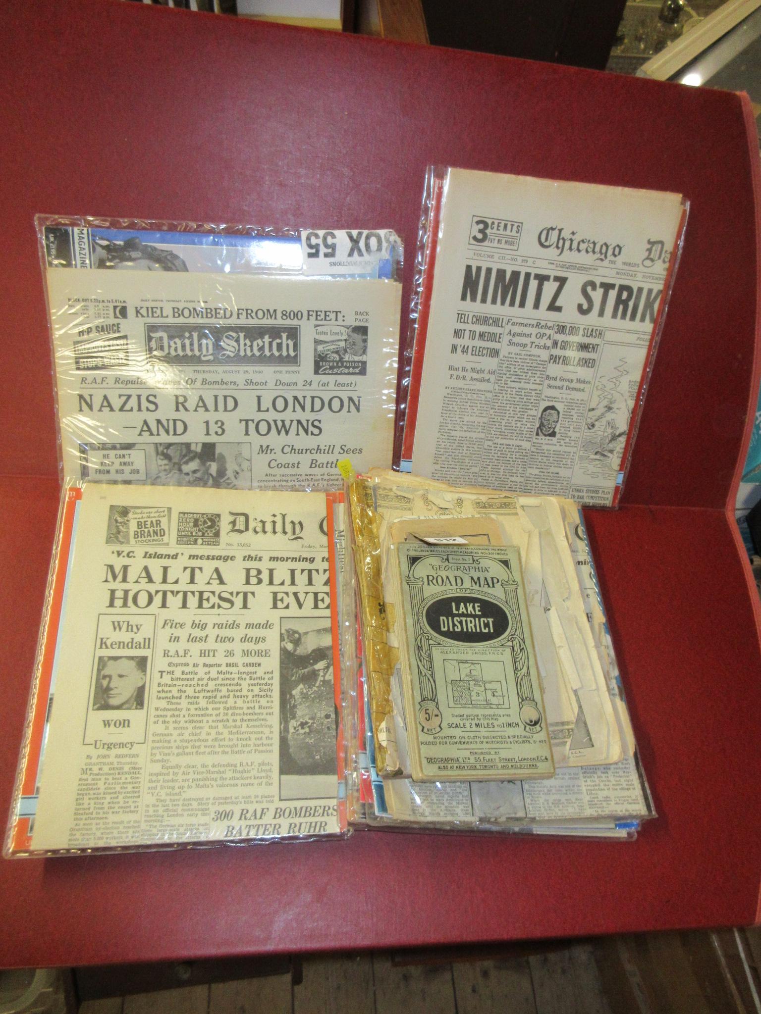 QUANTITY OF 1940S NEWSPAPERS WITH VINTAGE MAPS AND SPORTING BOOKS Image