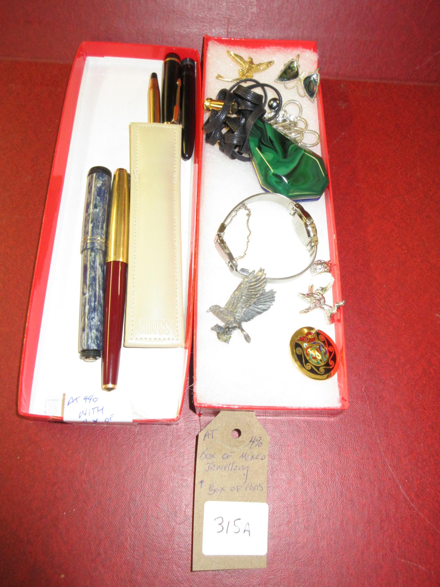 BOX OF MIXED JEWELLERY AND A BOX OF PENS Image