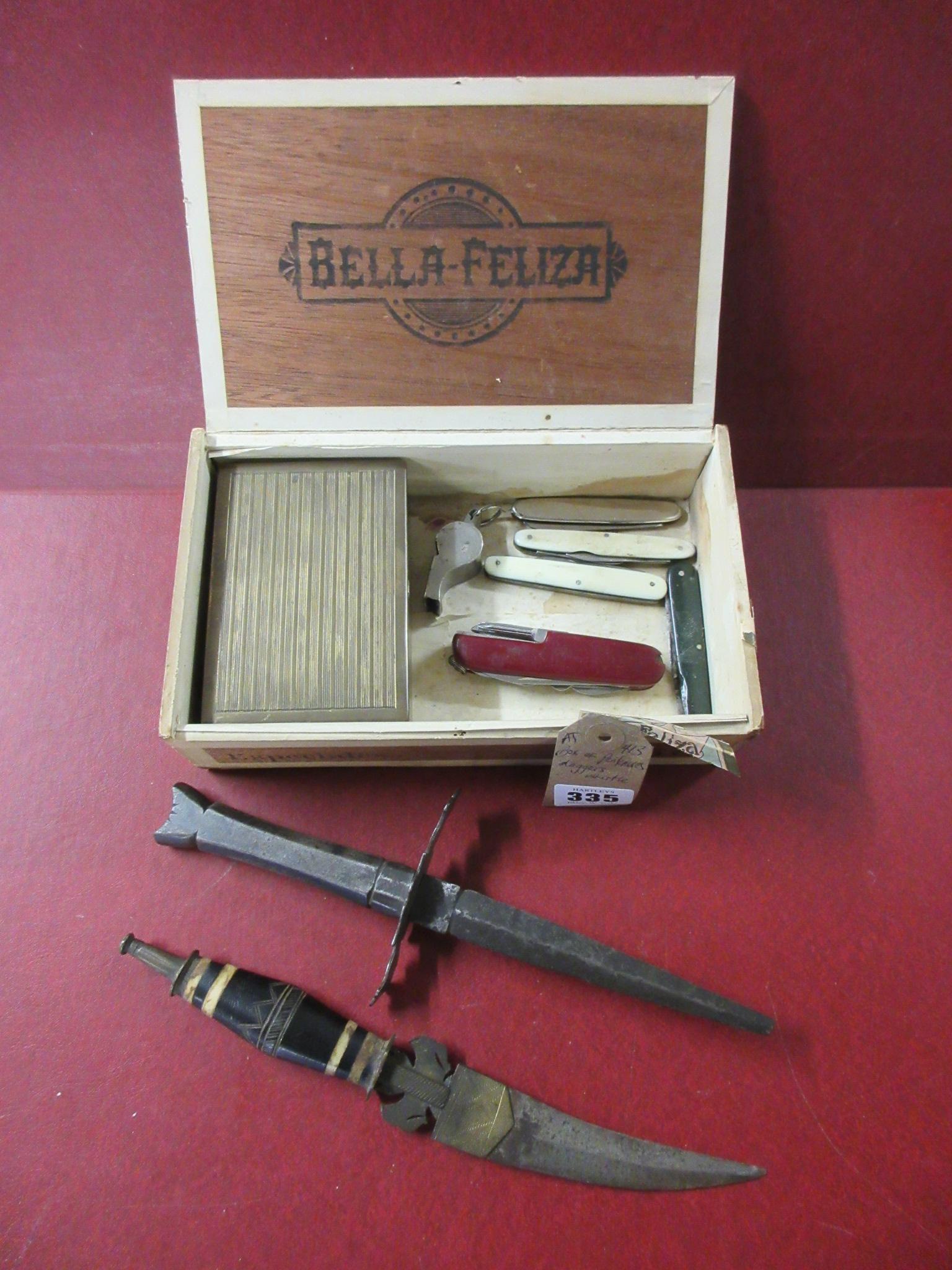 BOX OF PENKNIVES WITH DAGGERS AND A WHISTLE Image